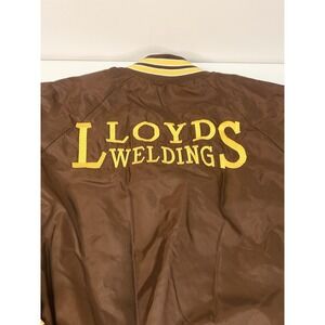 Satin Bomber Jacket Men's XL Brown Yellow Cuff Lined Advertising Snap Up Lloyds